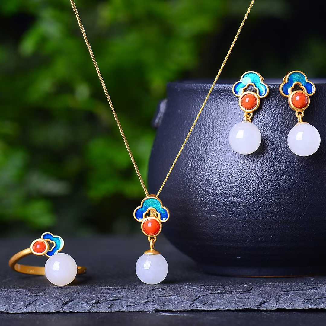 925 Silver Inlaid Hetian Nephrite 8mm White Jade Bead & Enamel Jewelry Set