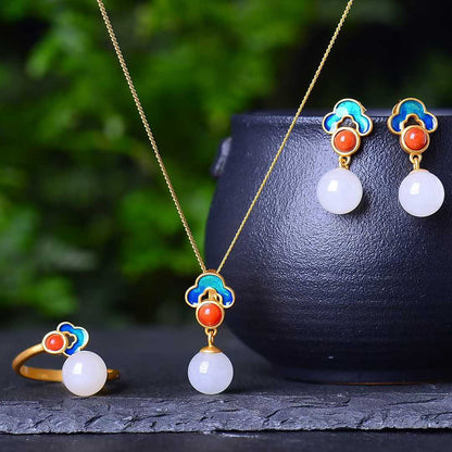 925 Silver Inlaid Hetian Nephrite 8mm White Jade Bead & Enamel Jewelry Set