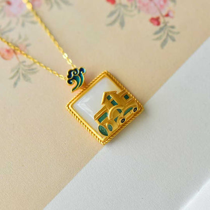 925 Silver Inlaid Nephrite "House and Car" Pendant