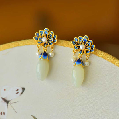 925 Silver Inlaid Hetian Nephrite "Peony in Bloom" Earrings