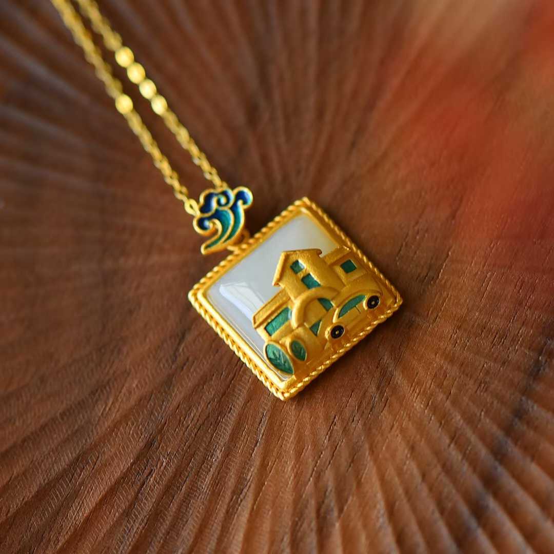 925 Silver Inlaid Nephrite "House and Car" Pendant