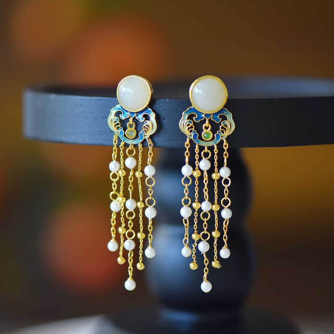 925 Silver Inlaid Hetian Nephrite "Auspicious Clouds Shining" Tassel Earrings