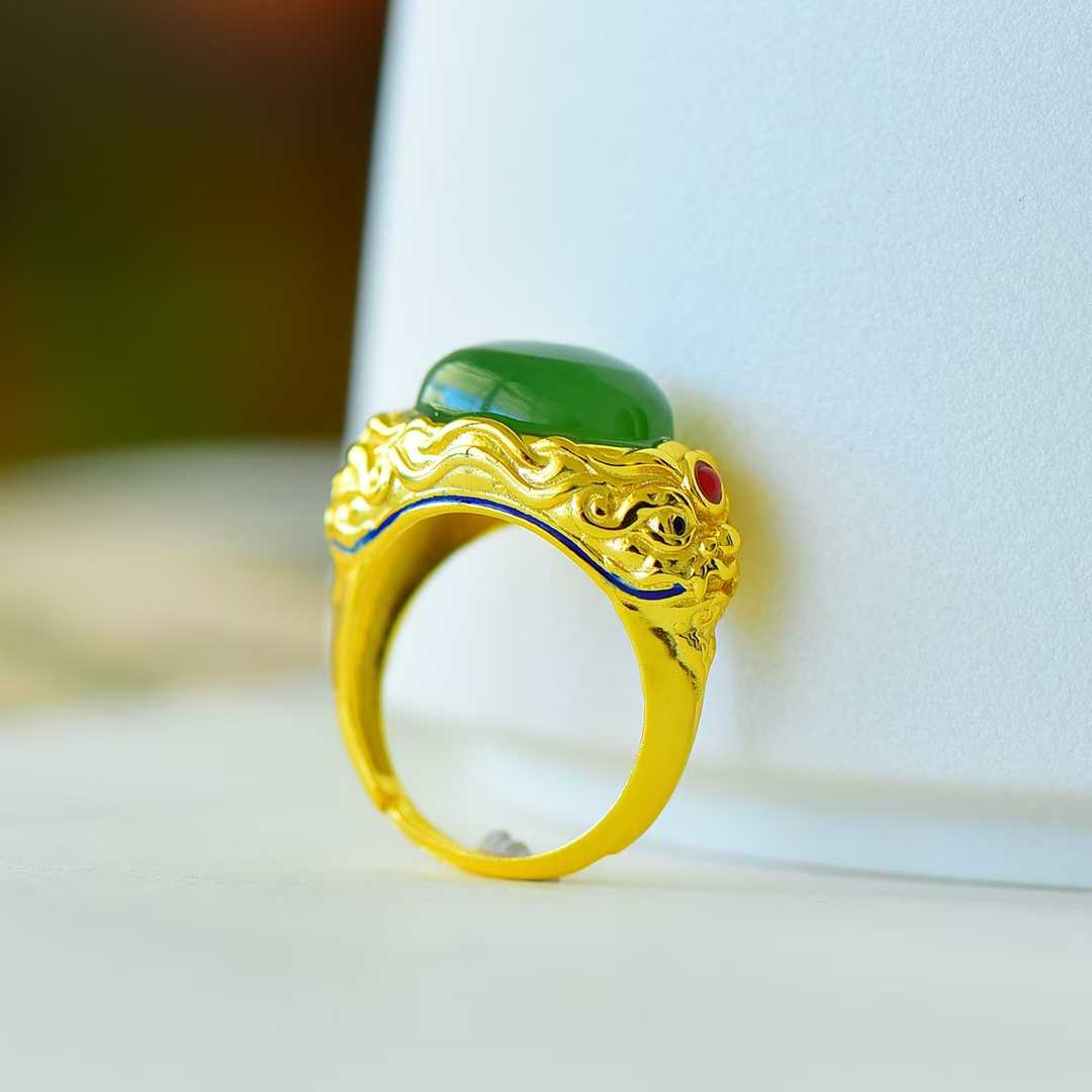 925 Silver Inlaid Enamel and Hetian Green Nephrite "Peace and Longevity" Ring