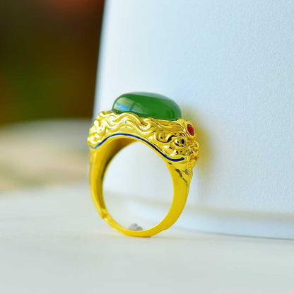 925 Silver Inlaid Enamel and Hetian Green Nephrite "Peace and Longevity" Ring