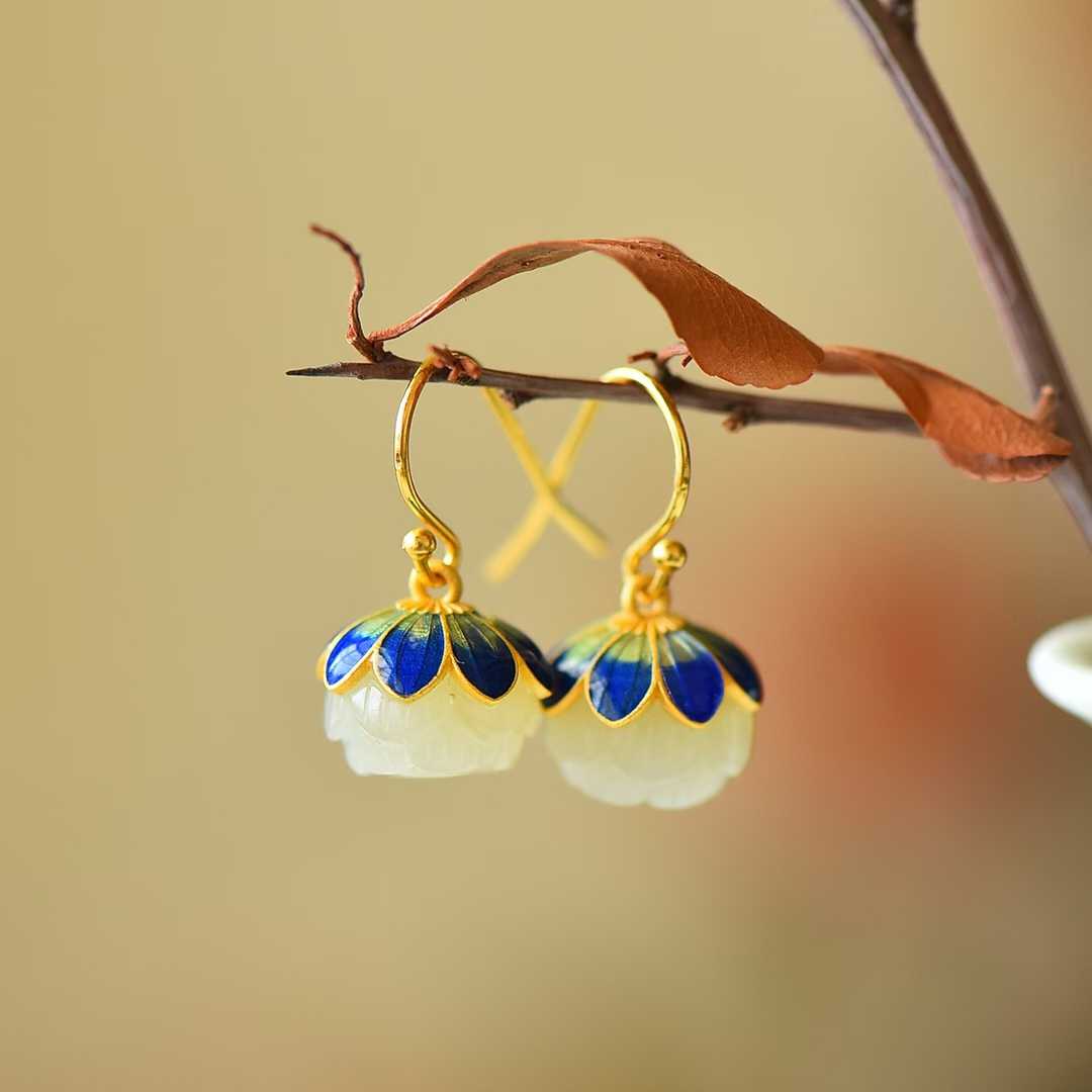 925 Silver Inlaid Hetian Nephrite "Lotus Bead" Earrings