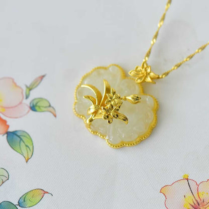 925 Silver Inlaid Nephrite Orchid Pendant