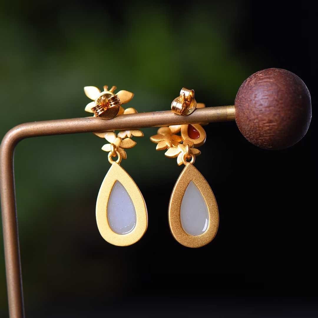 925 Silver Inlaid Hetian Jade Teardrop Enamel Earrings