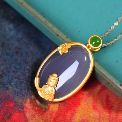 Ancient-Style Silver-Inlaid Hetian Jade Pendant (Smoky Cyan Cabochon)