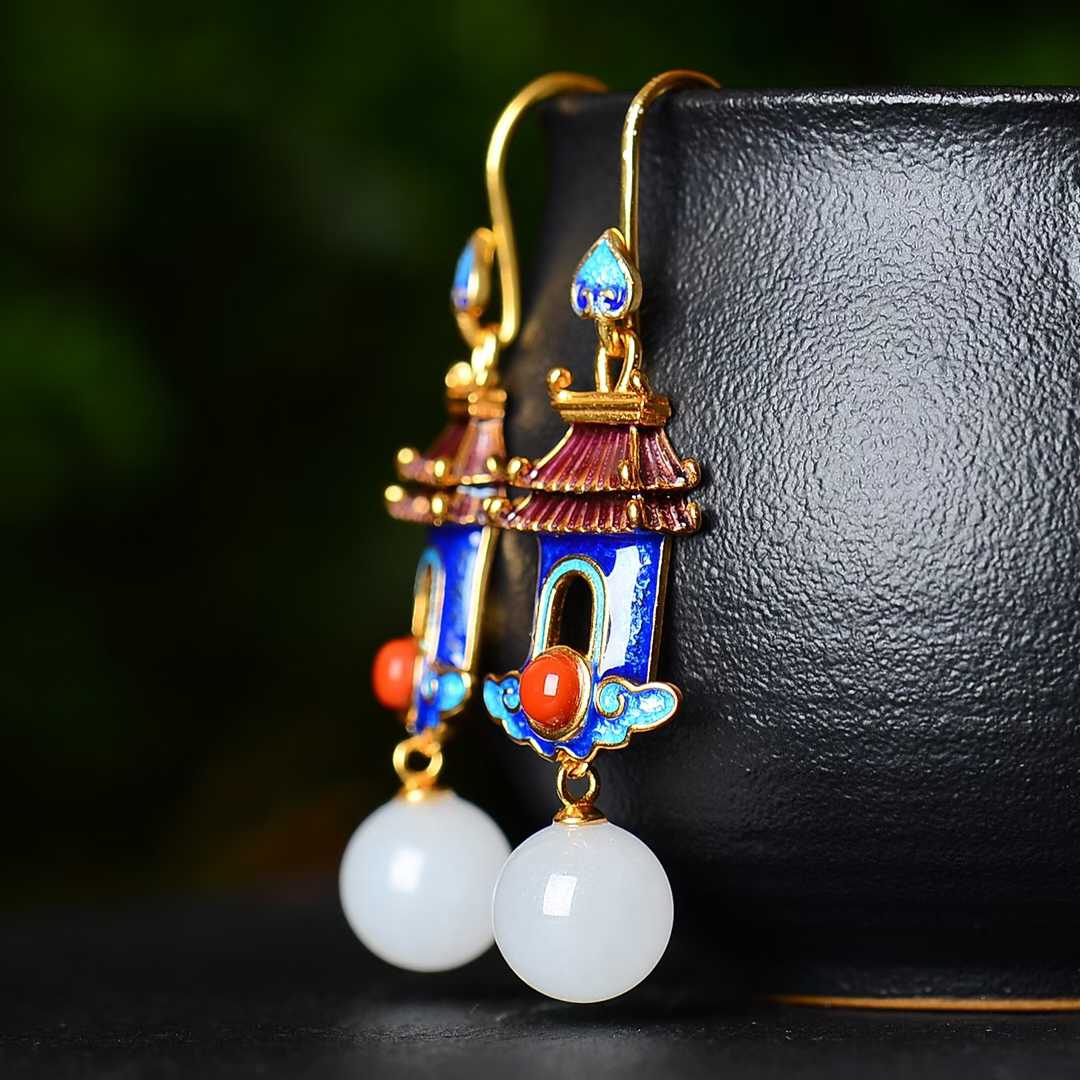 925 Silver Inlaid 10mm White Jade Enamel Earrings