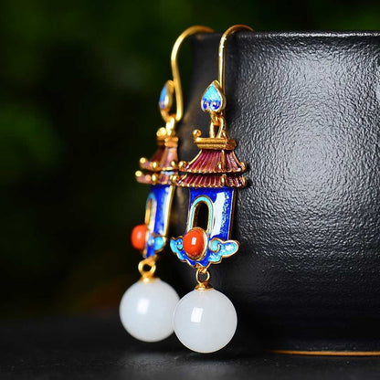 925 Silver Inlaid 10mm White Jade Enamel Earrings