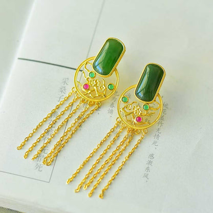 Detailed plum blossom pattern on Hetian jasper - premium earrings
