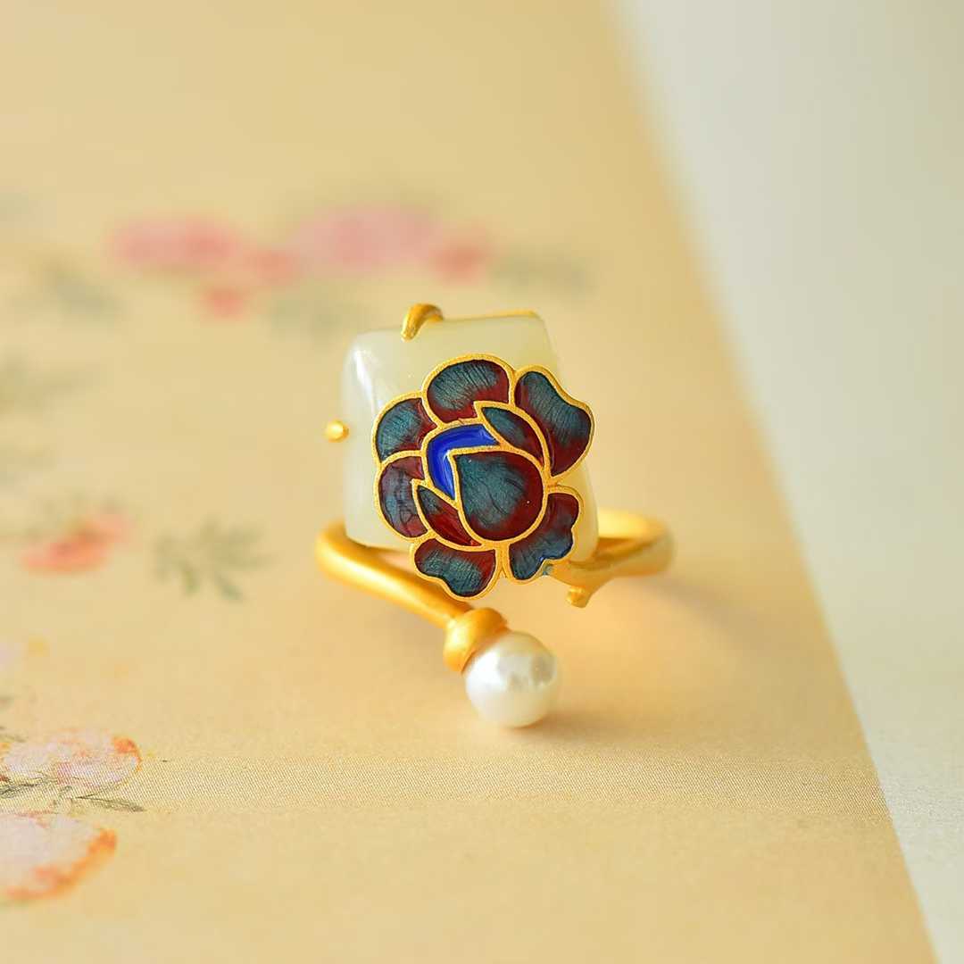 S925 Silver Inlaid Hetian Nephrite Peony Enamel Ring