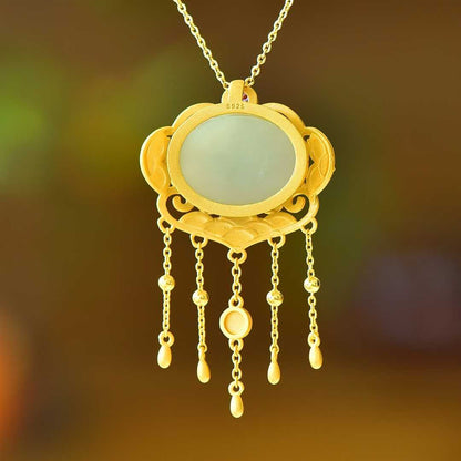 925 Silver Inlaid White Hetian Nephrite, Dragon & Phoenix, Ruyi Red Enamel Pendant