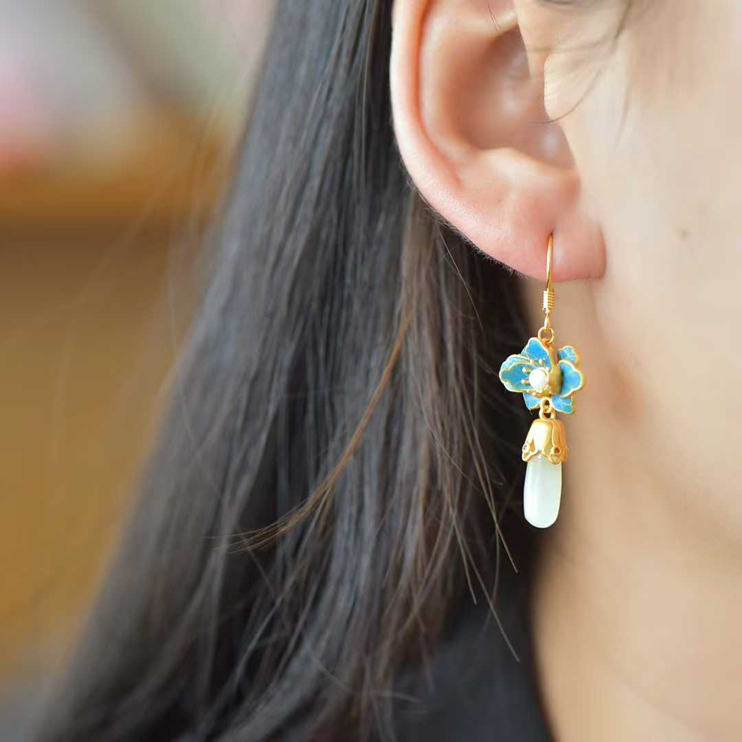 925 Silver Inlaid Hetian Nephrite "Lotus Charm in Gentle Breeze" Earrings