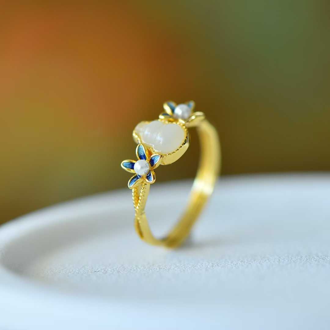 925 Silver Inlaid Hetian Nephrite "Gourd & Orchid" Ring