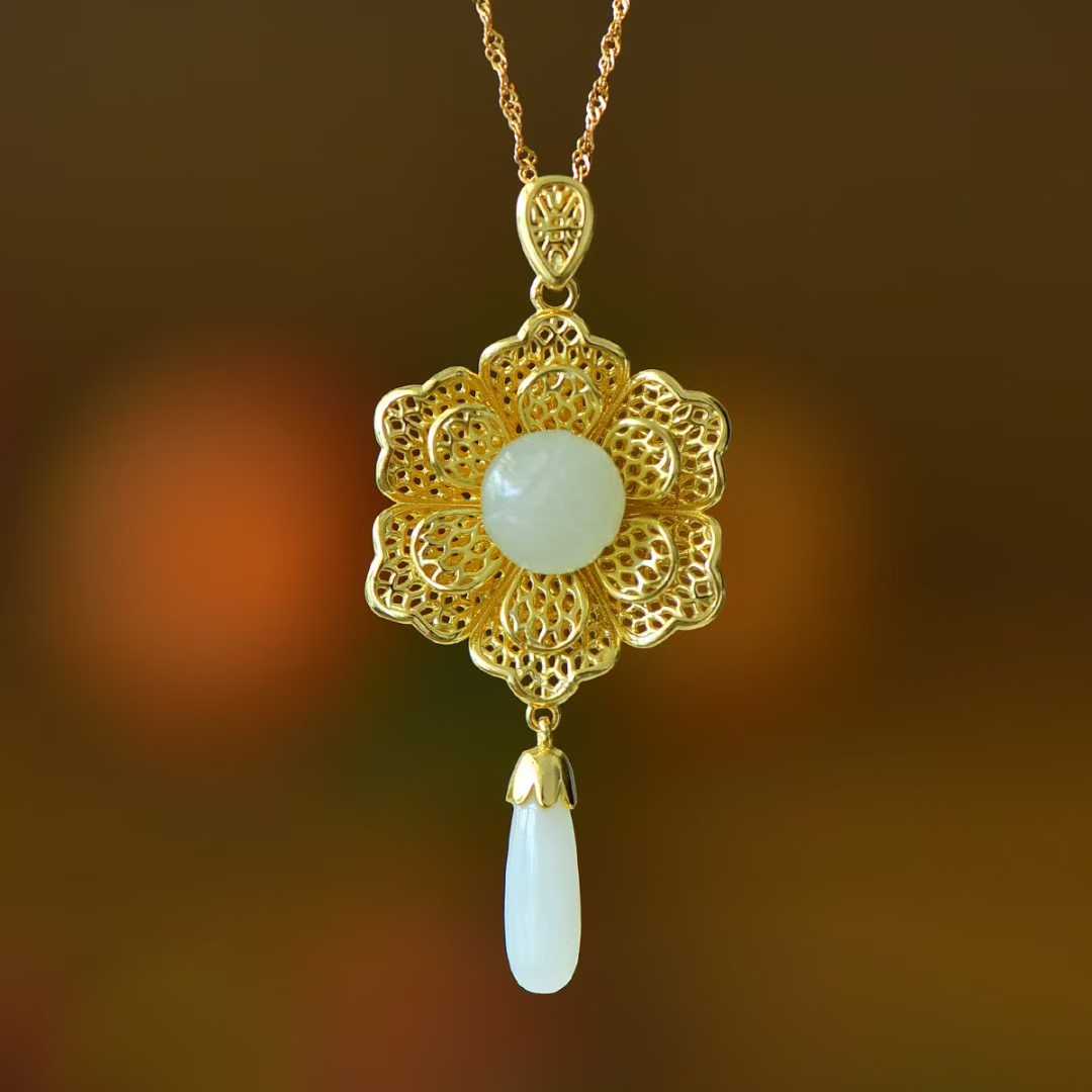 925 Silver Inlaid Hetian Nephrite "Blossoming Flowers & Prosperity" Pendant
