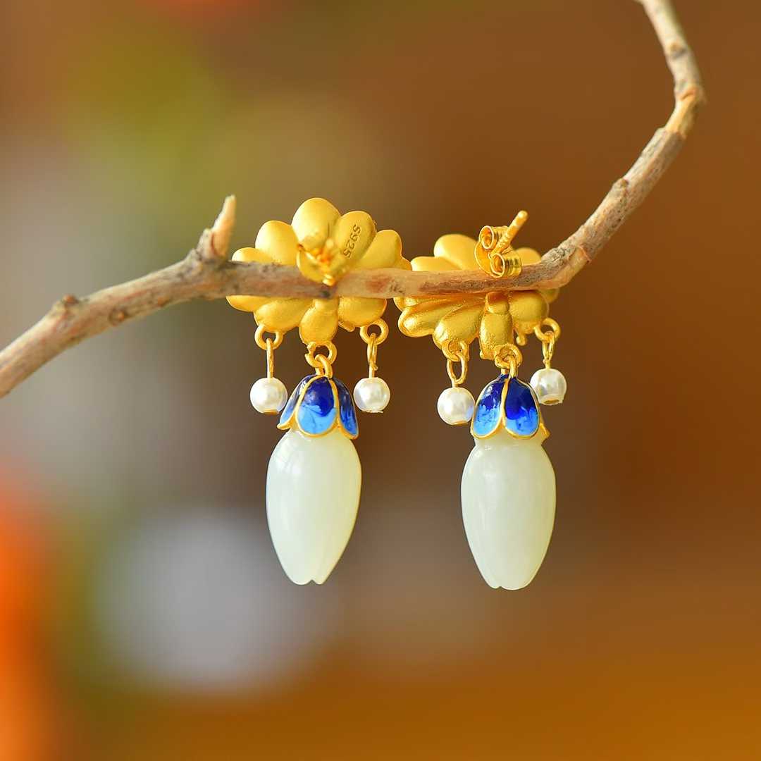 925 Silver Inlaid Hetian Nephrite "Peony in Bloom" Earrings