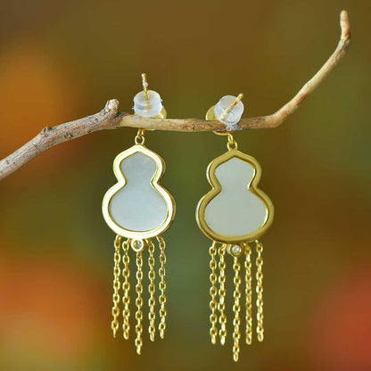 925 Silver Inlaid Hetian Nephrite "Gourd & Tassel" Earrings