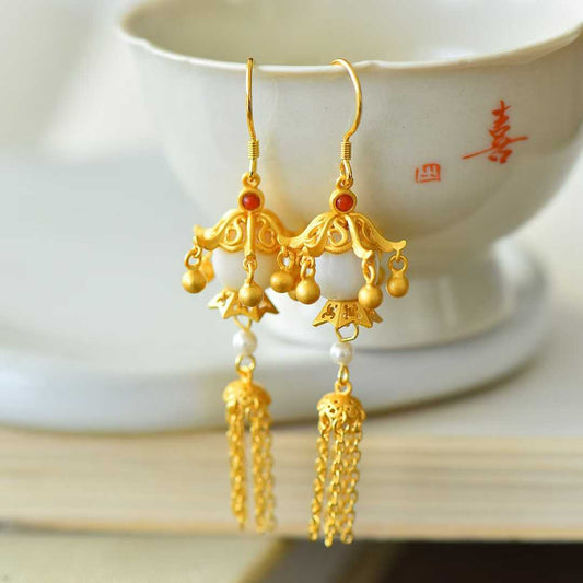 925 Silver Inlaid Hetian Nephrite Fine-Material Old-Style Bead "Thousands of Lit Households" Tassel Earrings
