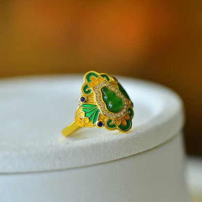 925 Silver Inlaid Hetian Nephrite Gourd "Fortune & Blessing" Ring
