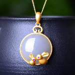 925 Silver Inlaid Hetian Nephrite "Smoky Gray Round Drum Rabbit" Pendant