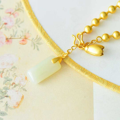 925 Silver-Inlaid Hetian Jade Bracelet with Rectangular Double-Drum & Plain Silver Beads