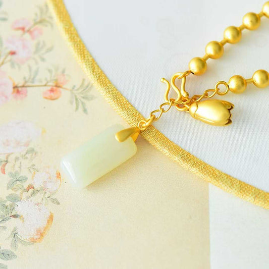 925 Silver-Inlaid Hetian Jade Bracelet with Rectangular Double-Drum & Plain Silver Beads