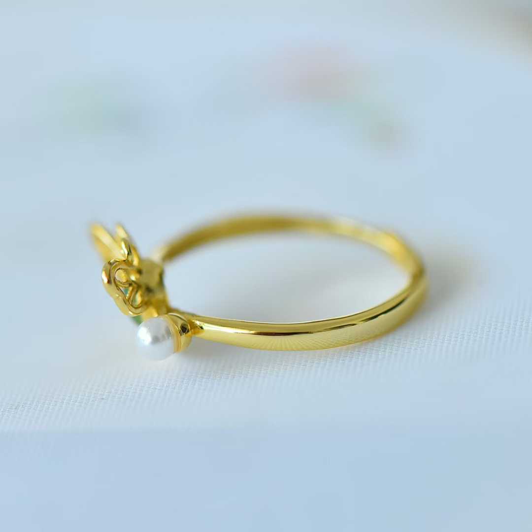 925 Silver Inlaid Hetian Nephrite "Water Drop & Butterfly" Ring