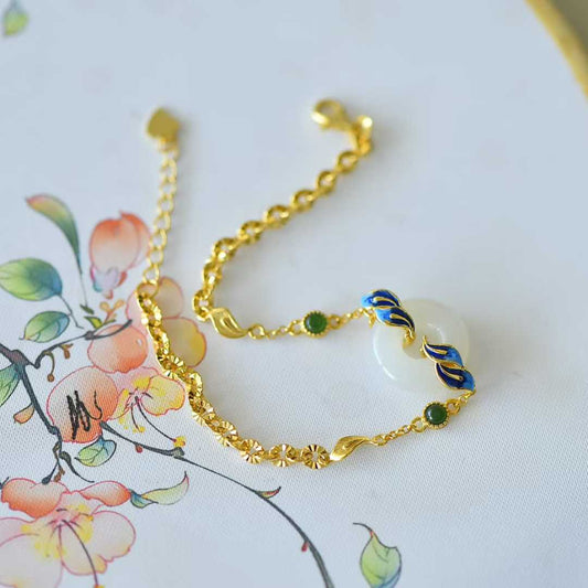 925 Silver Inlaid Hetian Nephrite "Bread Loaf Bead & Phoenix Tail" Bracelet