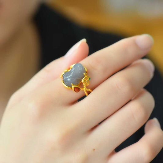 925 Silver Inlaid Hetian Smoky Gray Nephrite Cabochon Ring