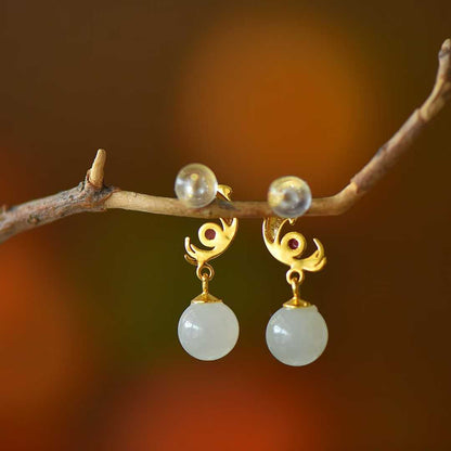 925 Silver Inlaid White Hetian Nephrite "Abundance Every Year" Fish Stud Earrings