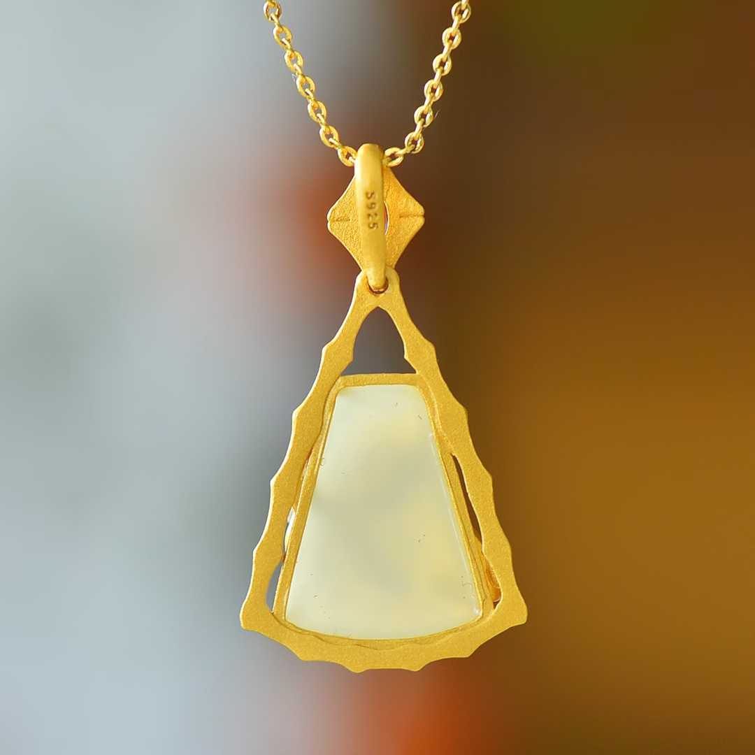 925 Silver-Inlaid Hetian Jade Pendant (Trapezoidal Shape with Bamboo Leaf Motif, Pearl & Enamel Accents)