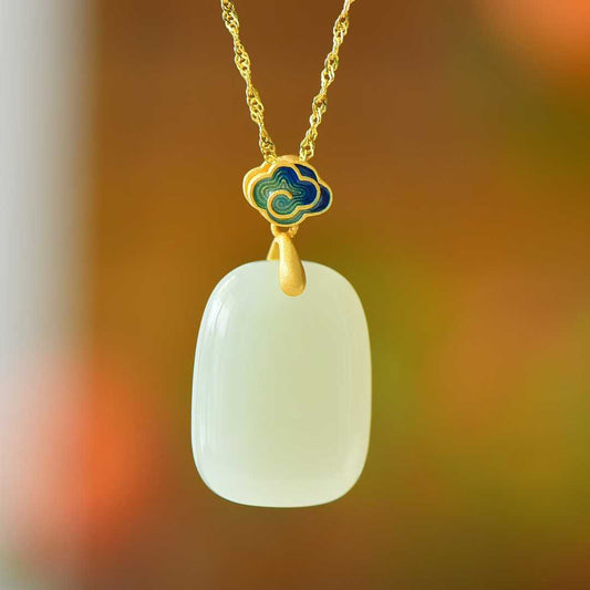 925 Silver-Inlaid Hetian Jade Enamel Pendant with "Ping'an Pai" (Peace Plaque) & "Ruyi" Design