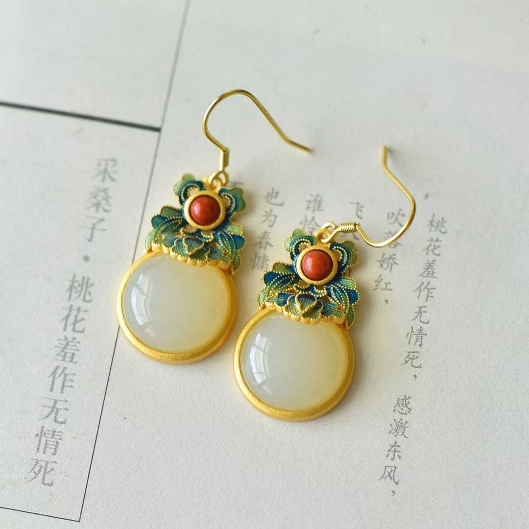 925 Silver-Inlaid Hetian Jade Enamel Earrings