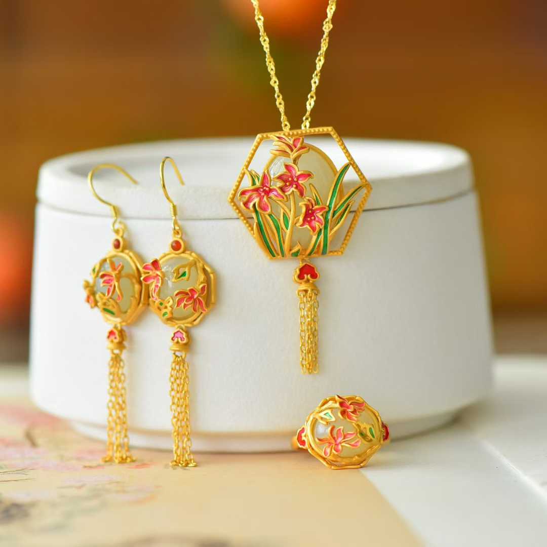 925 Silver Inlaid Hetian Nephrite "Flowers Bloom & Fortune Arrives" Jewelry Set