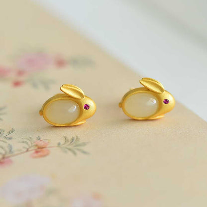 Ancient-Style Silver & Hetian Nephrite Little Rabbit Set with Thick Matte Gold Finish
