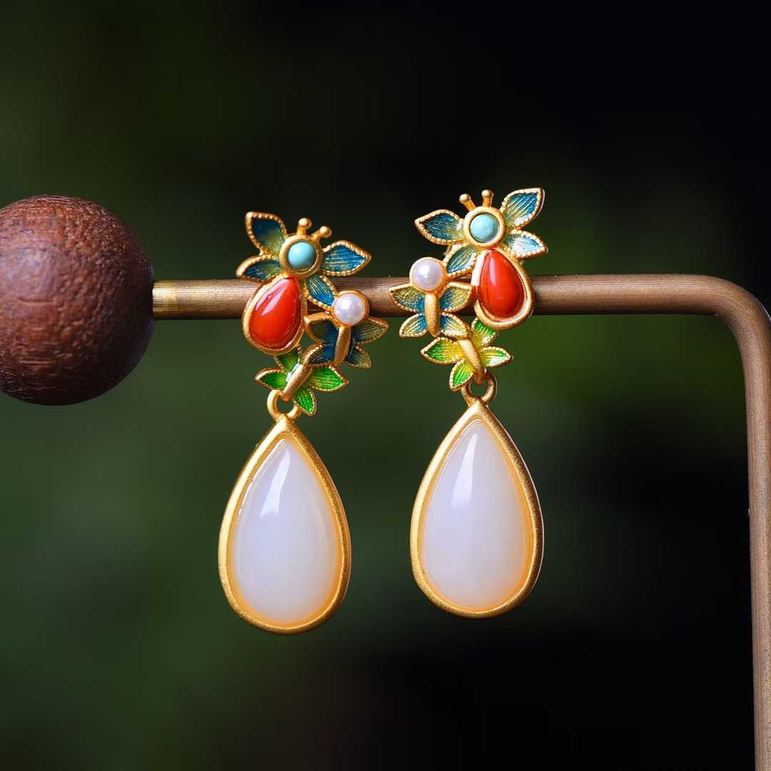 925 Silver Inlaid Hetian Jade Teardrop Enamel Earrings