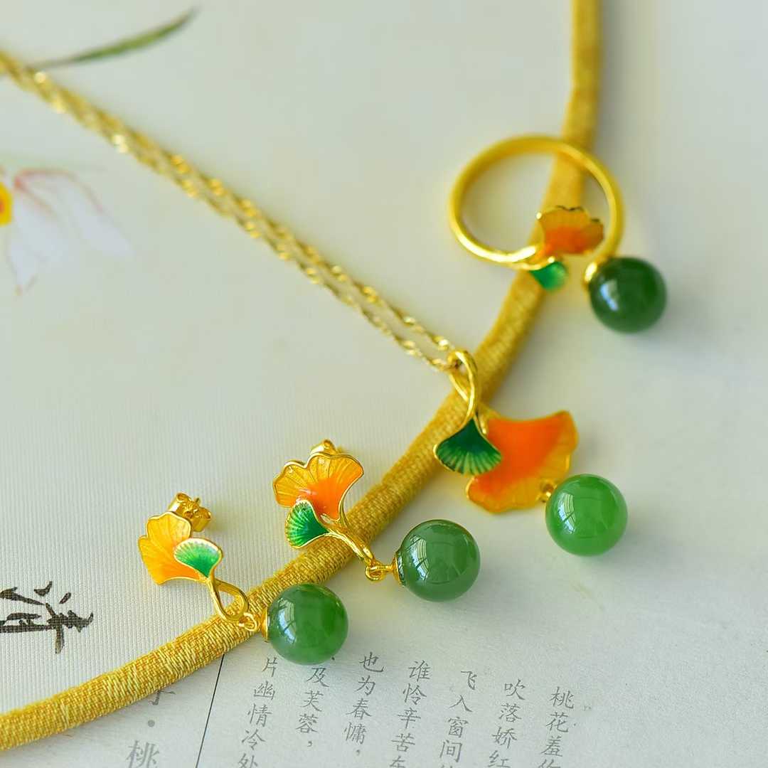 S925 Silver Inlaid Nephrite Green Jade "Apricot Blossoms for You" Jewelry Set