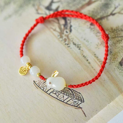 925 Silver Inlaid Hetian Nephrite "Rabbit & Red Cord - Multi-Gem & Multi-Blessings" Jewelry Set