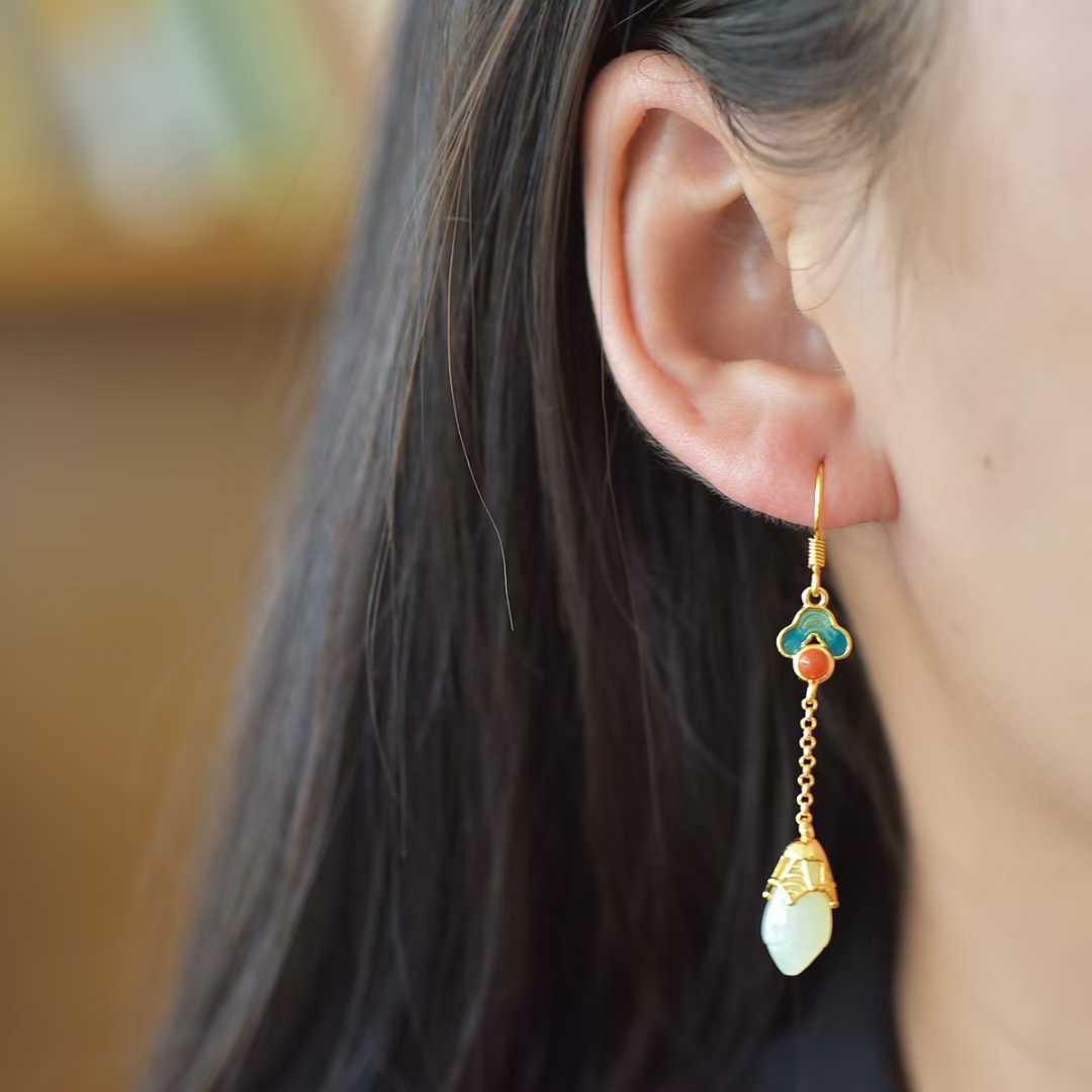 925 Silver Inlaid Nephrite Magnolia and Auspicious Cloud Earrings with Southern Red Agate and Enamel