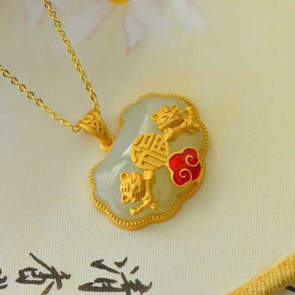 925 Silver Inlaid Nephrite "Ping Ruyi" Cute Tiger Pendant for Attracting Blessings