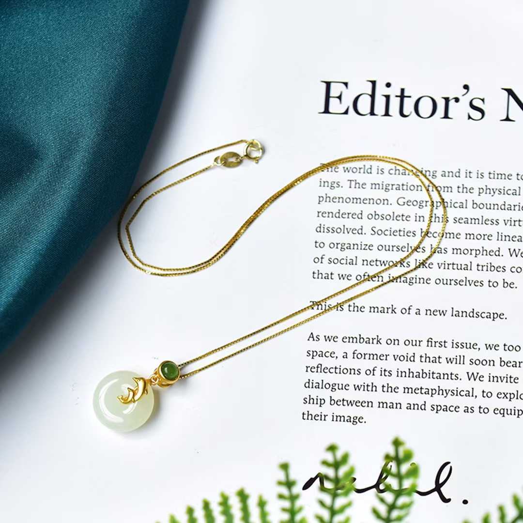 925 Silver Inlaid Hetian Nephrite "Dolphin & Peace Buckle" Pendant