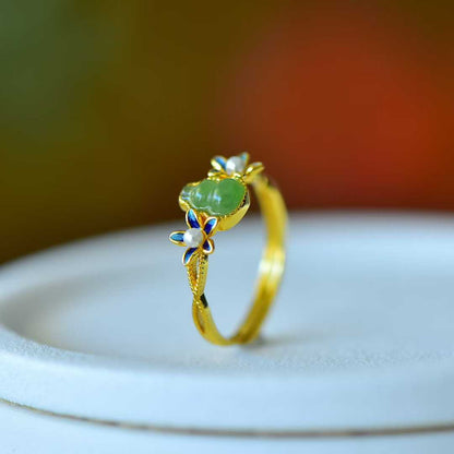 925 Silver Inlaid Hetian Nephrite "Gourd & Orchid" Ring