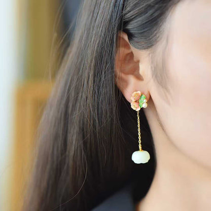 925 Silver Inlaid Hetian Nephrite "Lotus Bead & Lotus Earring" Set