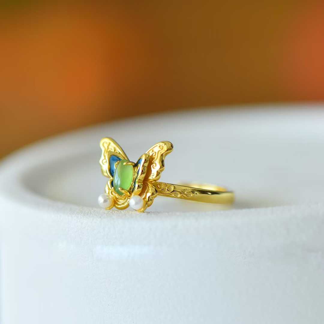 925 Silver Inlaid Hetian Nephrite Butterfly Ring