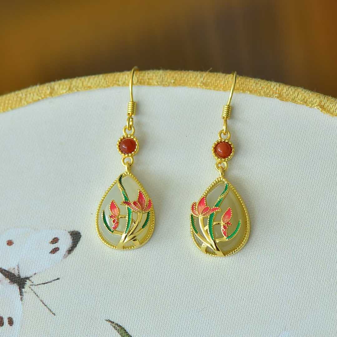 925 Silver Inlaid Nephrite "Harmonious Beauty" Teardrop Earrings
