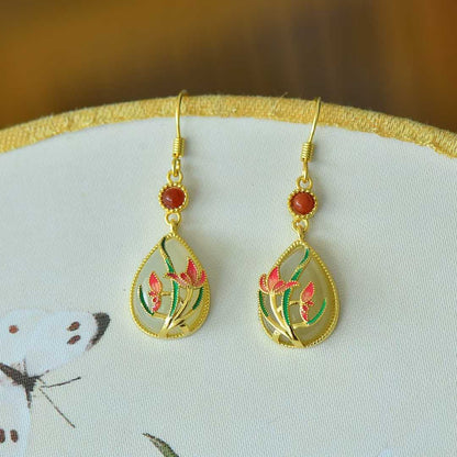 925 Silver Inlaid Nephrite "Harmonious Beauty" Teardrop Earrings