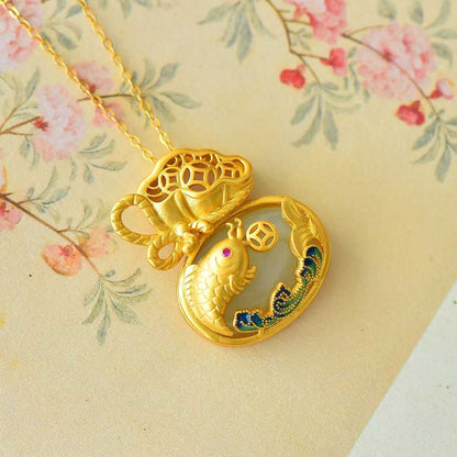 925 Silver-Inlaid Hetian Jade Enamel Pendant with "Money Bag for Wealth" & "Water for Fortune Turnaround" Design