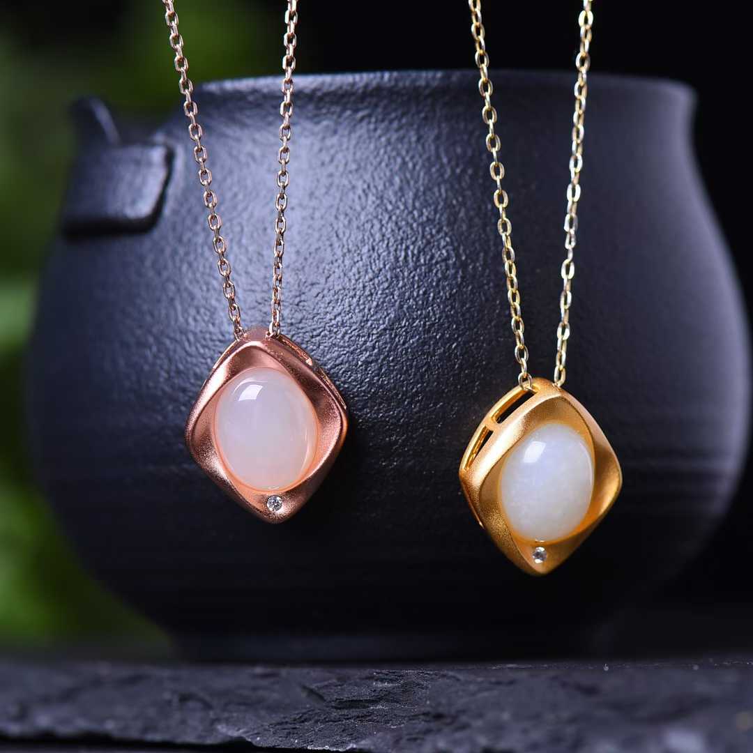 925 Silver Inlaid Hetian Nephrite "Thick Matte Gold & Small Ruyi" Pendant