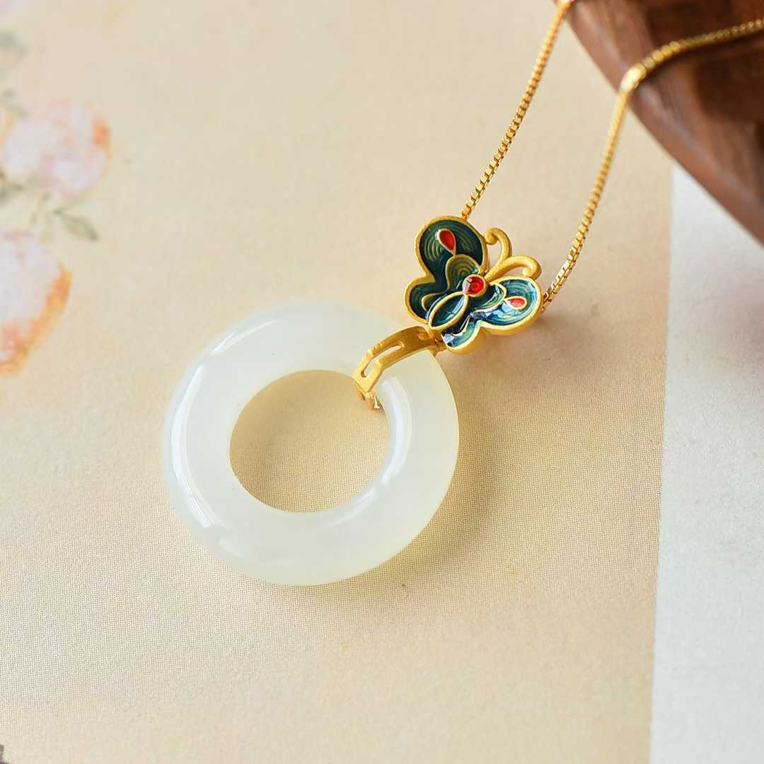 S925 Silver Inlaid Nephrite Butterfly 🦋 "Ping An Kou" Ring Pendant